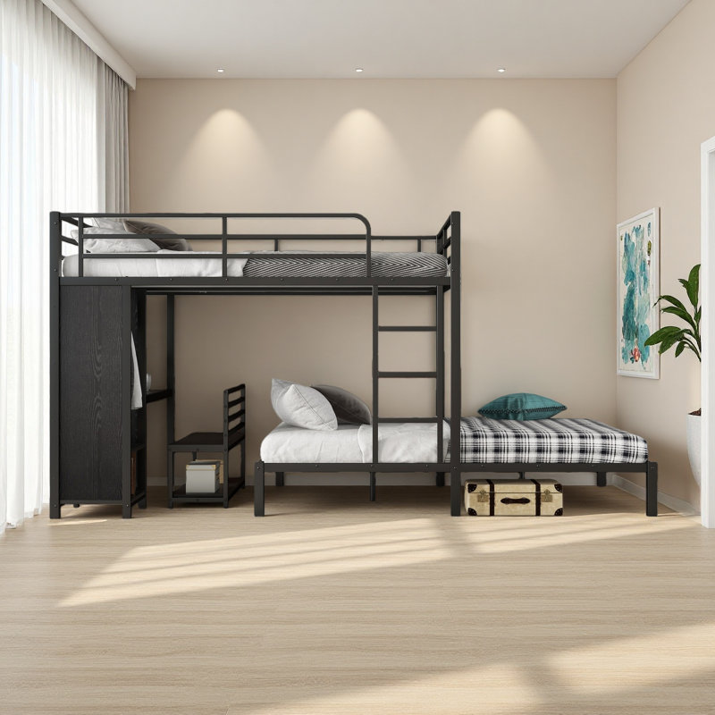 Queen Over Queen Size Bunk Bed Frame With Built-In Wardrobe, Metal Bunk Bed With Desk And Storage Chairs