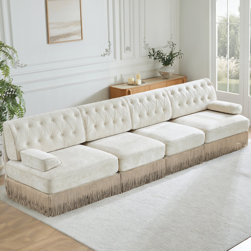 Velours beige, 4 sièges, jupe à pampilles, modulaire, mousse haute douce et confortable