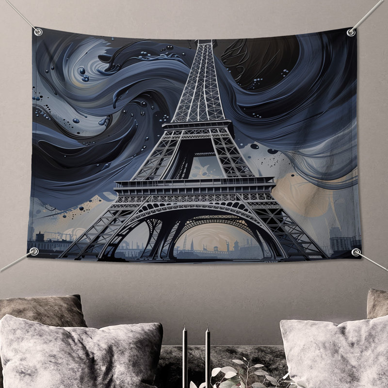 Tapisserie murale Tour Eiffel - Décoration murale architecture, H 50 po x l 60 po avec 4 œillets