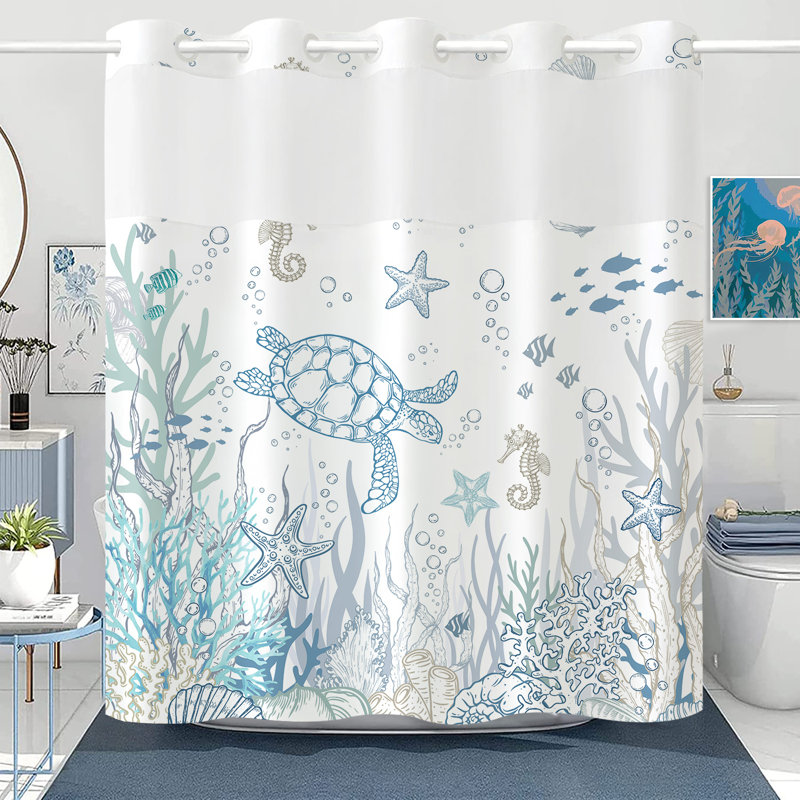  Rideau de douche sans crochet avec doublure encliquetable, ensemble de rideaux de salle de bain Nautical Coastal