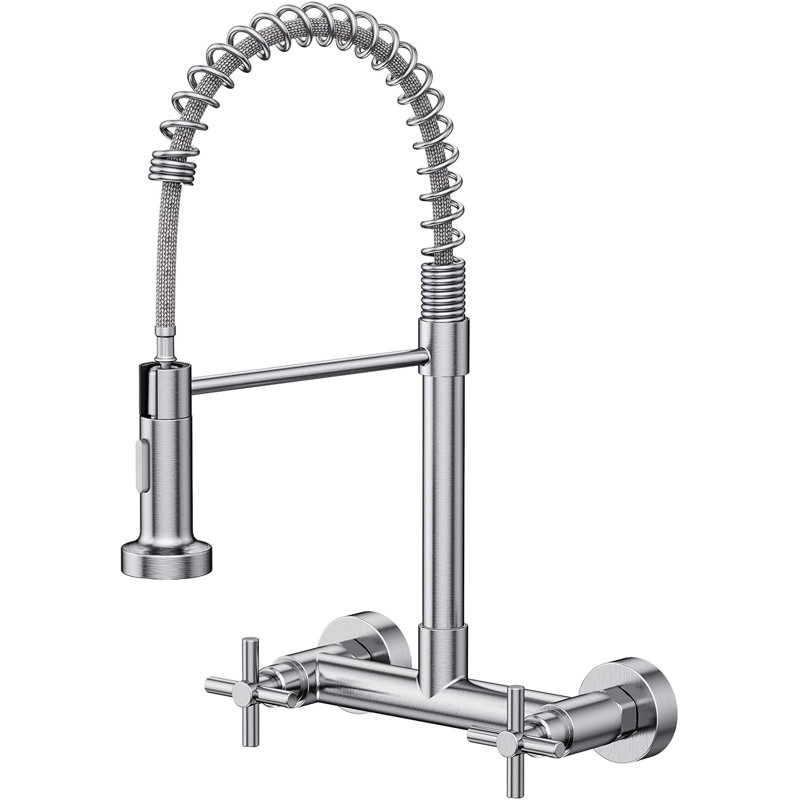 Double-Handle 2-Hole Wall-Mount Pre-Rinse Bridge Kitchen Faucet, Brushed Nickel