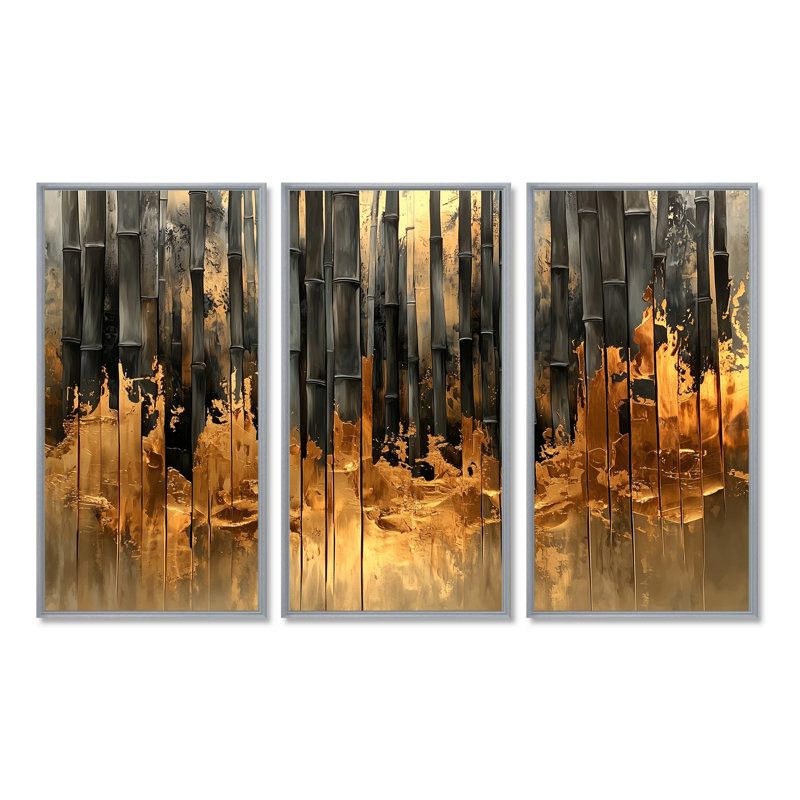 Golden Arashi Yama Bamboo River I - ensemble de 3 décorations en bambou, H 40 po x l 60 po, Argent argent