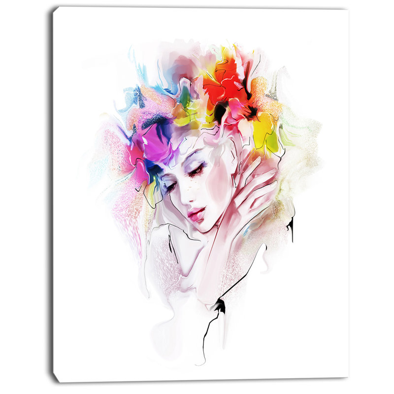 «Girl with Flowers Wreath», peinture, H 32 po x l 16 po x P 1 po, Toile tendue avec châssis