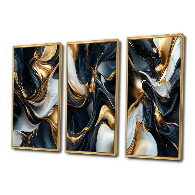 Marbre captivant doré et noir I - Collection de 3 grands panneaux sur toile modernes, H 40 po x l 60 po, Or