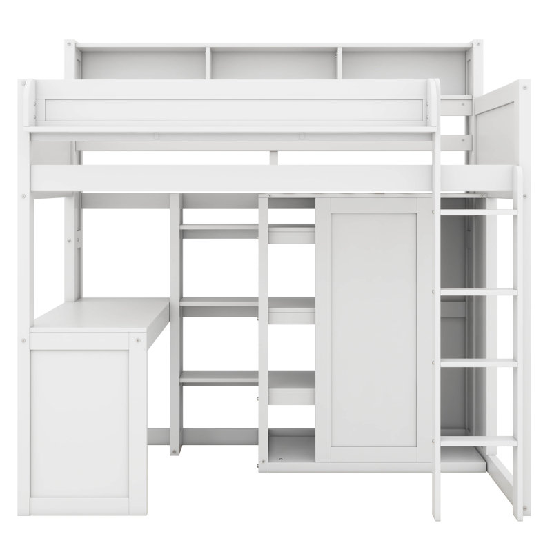 Heribert Wood Twin Size Loft bed with Multiple Storage Shelves and Wardrobe, White