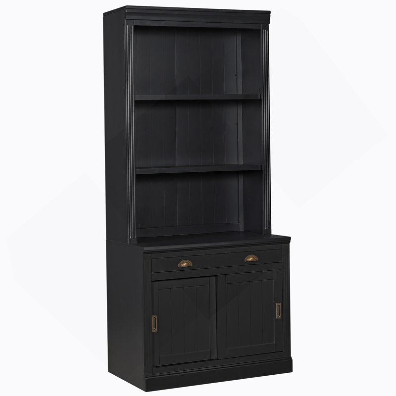 Bibliothèque de 83,4 po de hauteur, bibliothèque moderne avec portes coulissantes et tablettes ouvertes, bibliothèque de rangement pour le salon, bureau personnel, noir