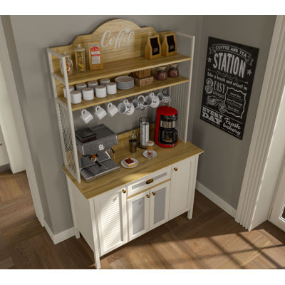 Armoire à café avec portes en MDF, tablettes et crochets à tasses - l 49 po x H 83 po x P 21 po - crème / chêne / blanc