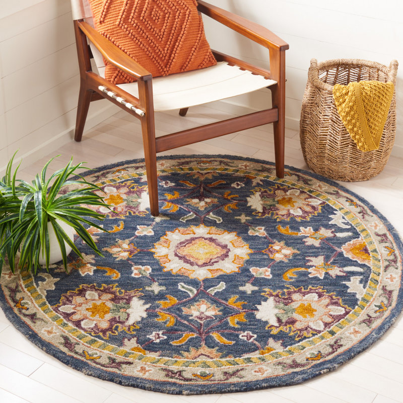 Tapis oriental en laine / coton touffeté à la main en blanc / brun / bleu, Rond 5 pi