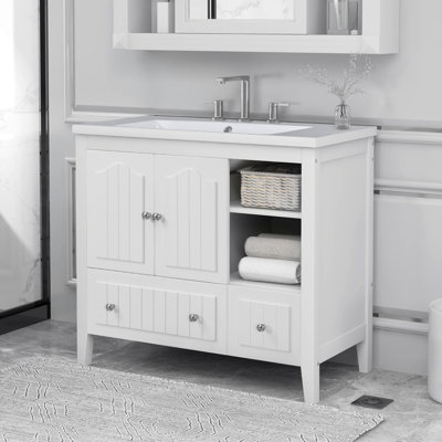 Meuble-lavabo 36 po avec lavabo en céramique, armoire de rangement pour salle de bain avec deux portes et tiroirs, structure solide, poignées en métal