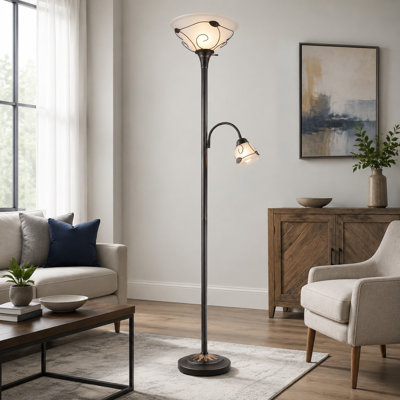 Antique-bronze 71" mother-daughter torchiere combining an uplight and side reading light, with frosted glass shades and 3-way switching; suitable for living rooms, corners, bedrooms, home offices, and desk-side use.