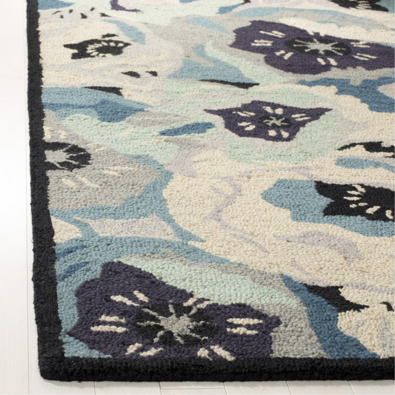 Tapis bleu / gris / beige en laine touffeté à la main Floral, Rectangle 5 pi x 8 pi