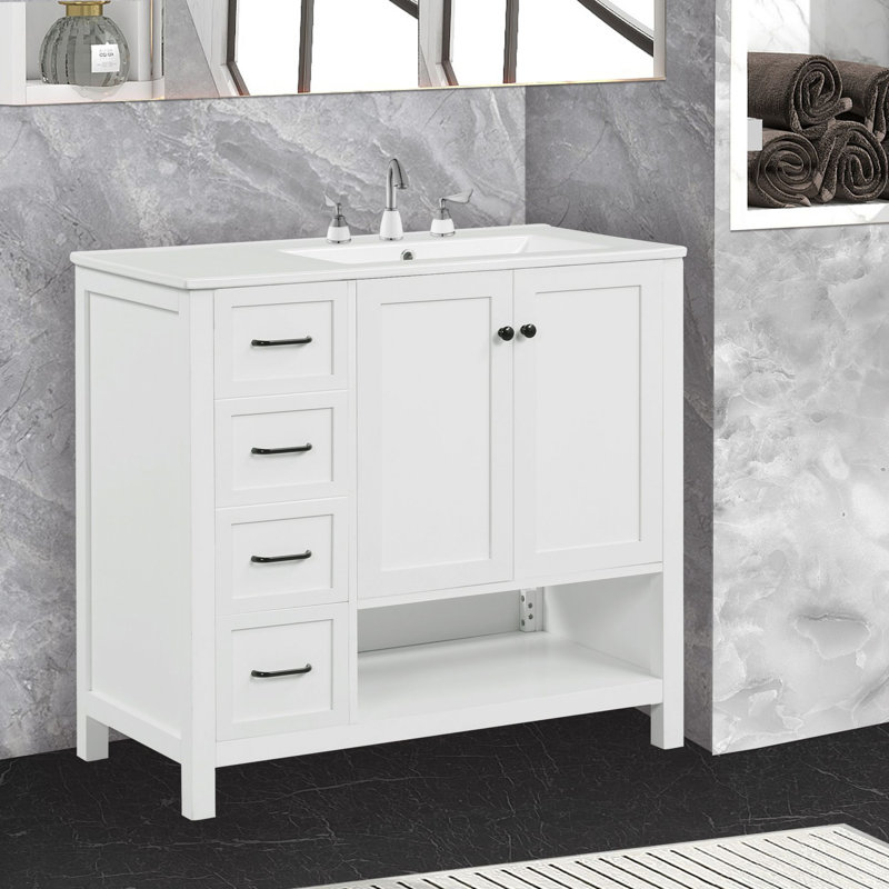 Ensemble de meuble-lavabo 36 po avec lavabo, armoire de salle de bain avec tiroir et porte, tablette ouverte, bois massif et panneau de fibres à densité moyenne, finition peinte