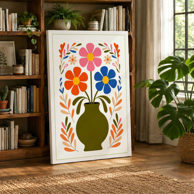 Three Blooms in Bloom Mid-Century - Wrapped Canvas, 36x24 - 91.4 x 61.0 cm, Teal Border