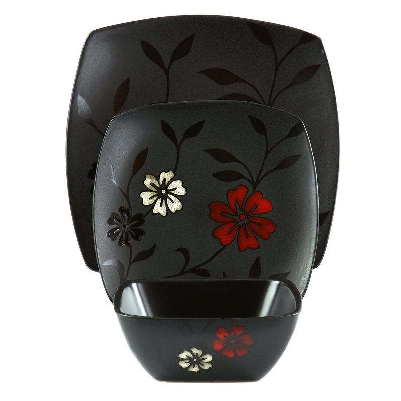 Evening Blossom Black Floral Ceramic Square Dinnerware Set, Service for 4