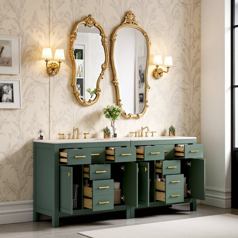 72 Inch Double Bathroom Vanity with Ceramic Sinks, Green