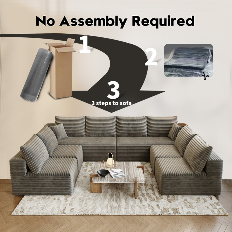 139.4" Modular Sectional Sofa Couch, Oversized  U-Shaped Minimalist Couches with 4 Middle Seats Chaise , Modern Deep Seat Cloud Plush Corduroy Sofas Set for Living Room, 8 Seater