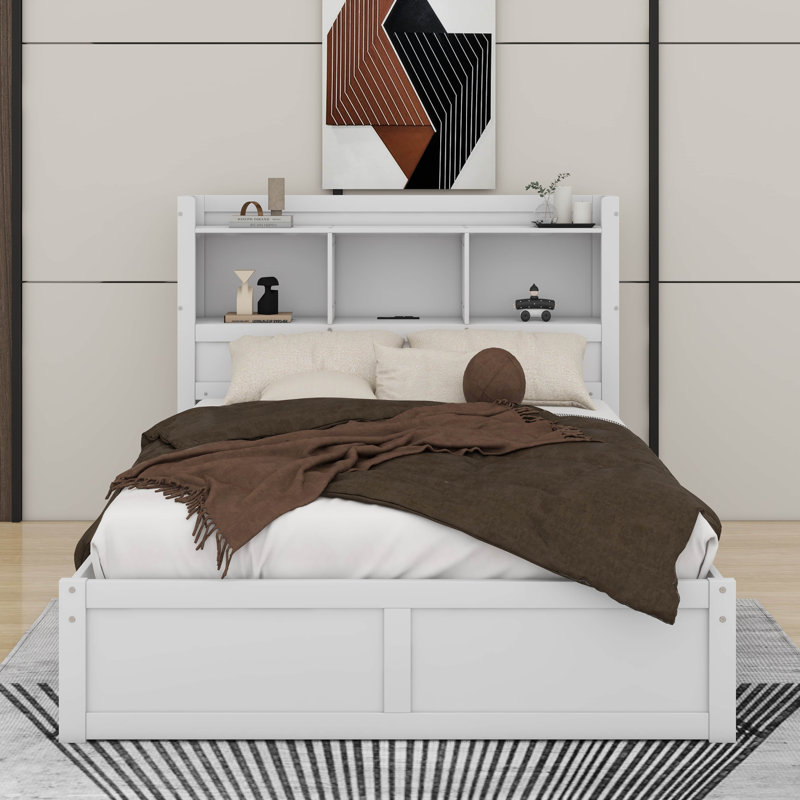 Lit plateforme pleine grandeur avec tablettes coulissantes, lit gigogne simple et tiroirs, Blanc