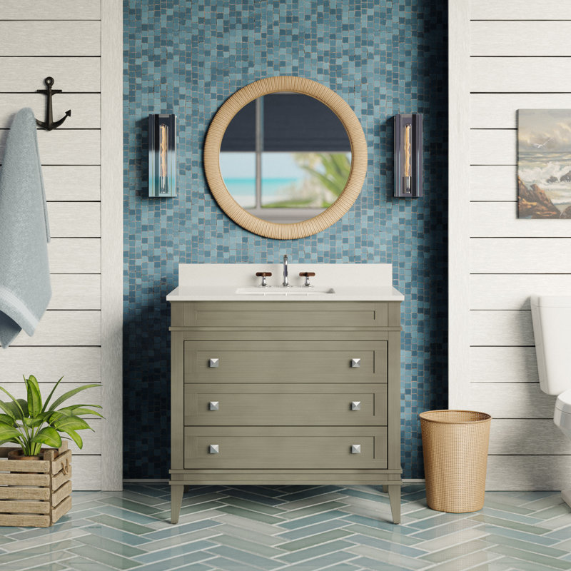 Meuble-lavabo simple 36 po avec comptoir gris vieilli Whitman, Marbre de Carrare, Gris patiné