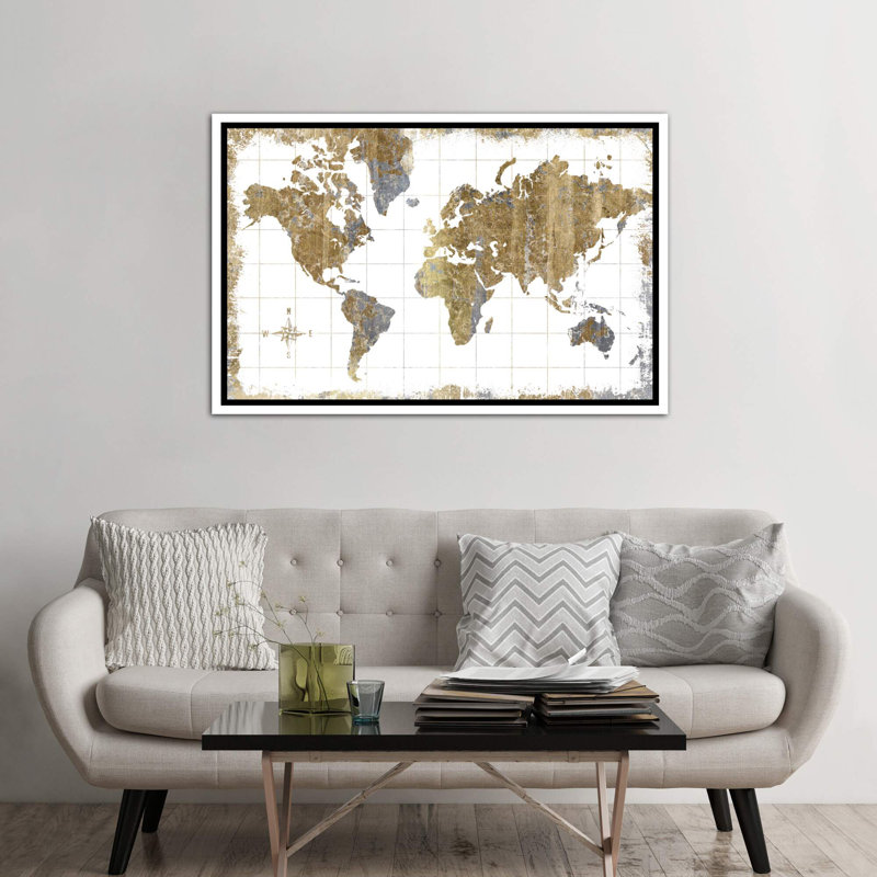 Carte dorée - impression d'art graphique, H 26 po x l 40 po x P 1,5 po, Toile blanche encadrée