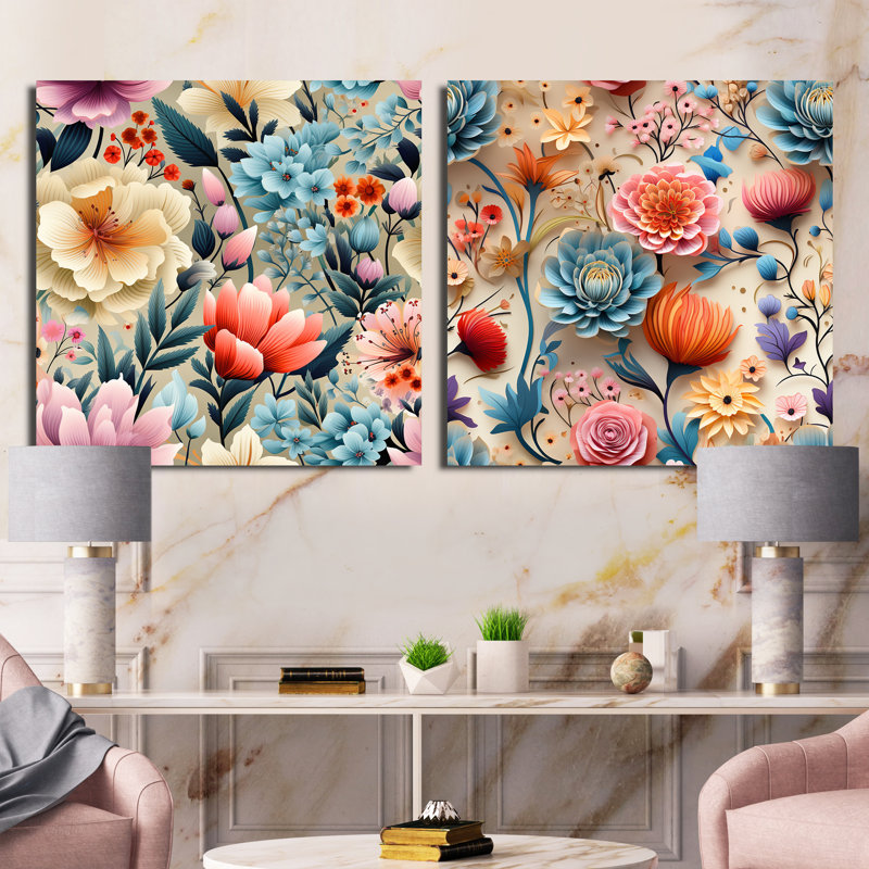Cassandre - Ensemble de 2 collages carrés floraux, H 16 po x l 33 po, Toile tendue