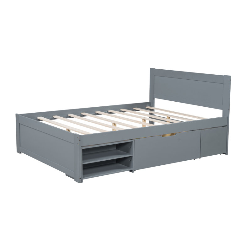 Lit plateforme double avec tiroir et deux tablettes, Gris