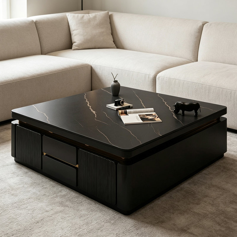 Table basse moderne en pierre, H 18,1 po x l 43,3 po x P 43,3 po, Noir