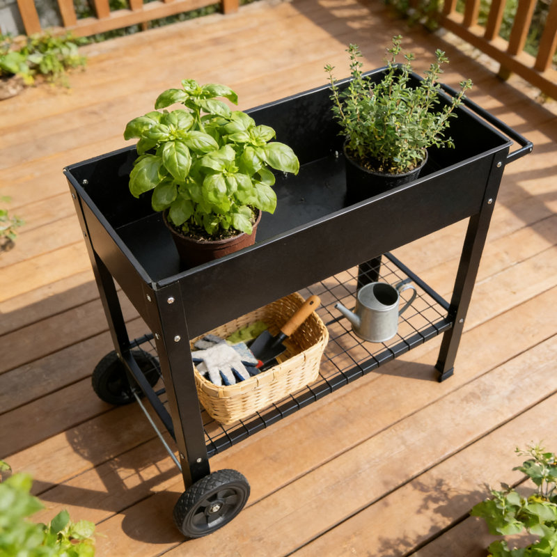 Lit de jardin surélevé mobile surélevé en métal avec roues - Boîte à fleurs haute pour la culture de légumes et d'herbes d'extérieur / d'intérieur, noir | Idée de cadeau