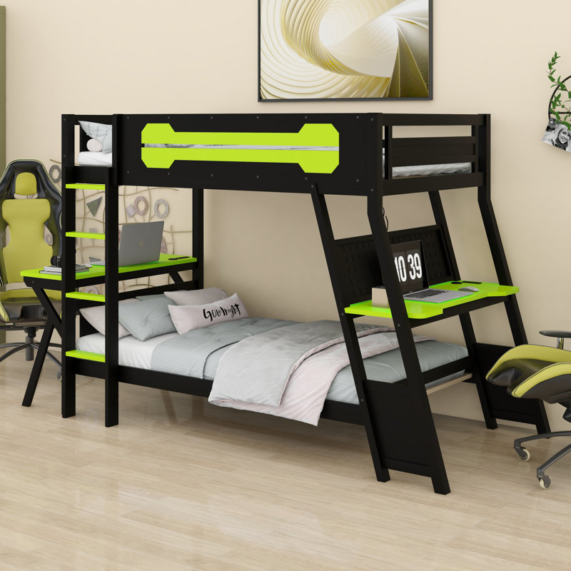 Lit superposé avec deux bureaux de jeu intégrés, ports USB et organisateur de panneau perforé, Lit simple, Vert