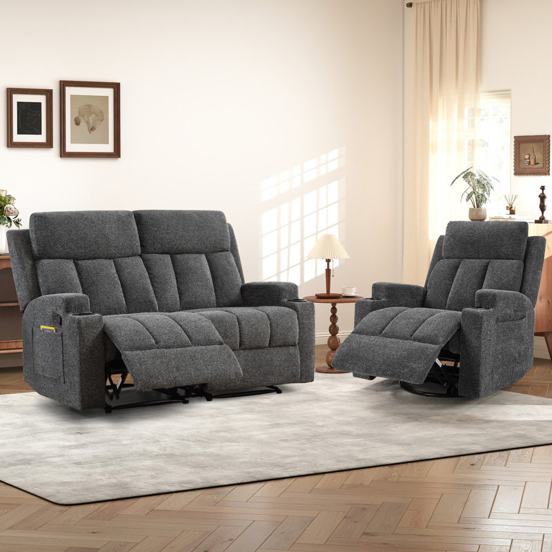 Ensemble de salon inclinable manuel moderne, 2 pièces: causeuse, fauteuil, Gris foncé