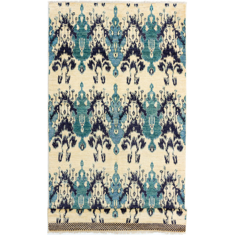 Tapis de couloir unique en laine noué à la main style Mogul bleu / noir / ivoire 5 pi 9 po x 14 pi 2 po années 2010 Quinzel