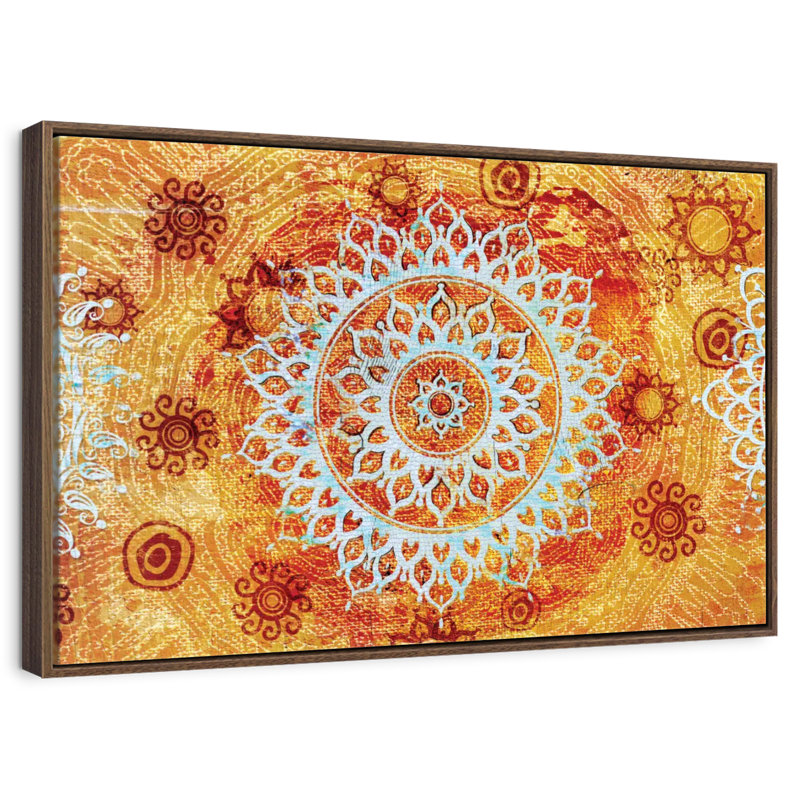 Soleil comme mandala, 19 po x 13 po, Cadre flottant noyer
