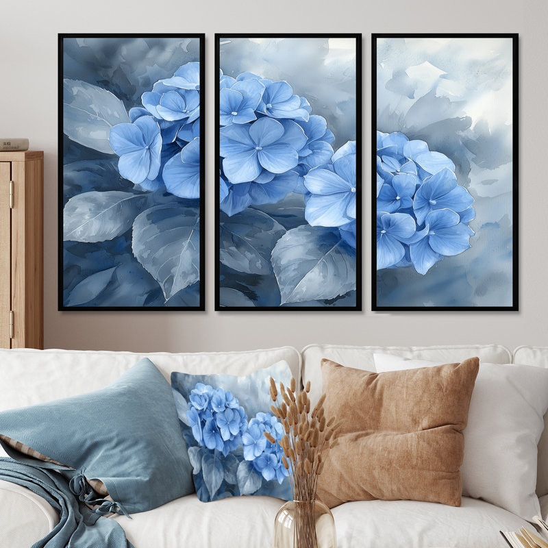 Hydrangeas In Greyscale Garden II - Hydrangea Wall Art Decor - 3 Pieces, H 28 po x l 36 po, Noir