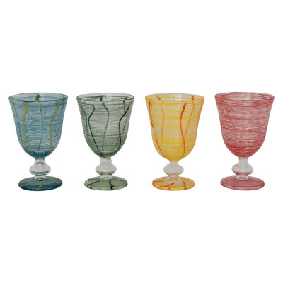 4-Piece Stemmed Wine Glass Set with Stripes and Wave Design