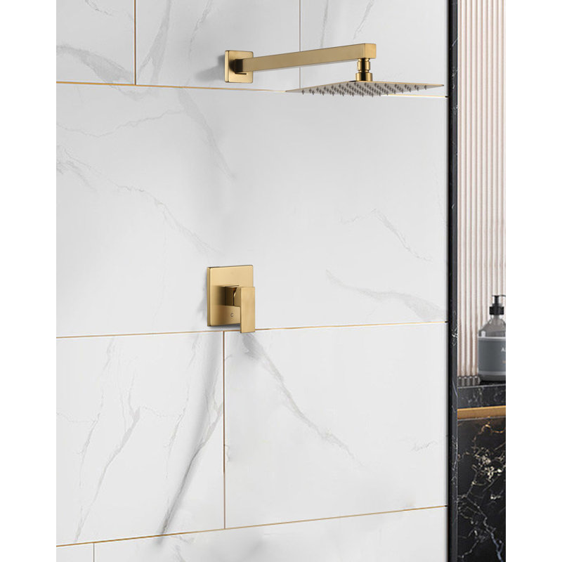 Single Handle Square 1 -Spray Shower Faucet 1.8 GPM With 15 In. Shower Arm And Pressure Balance, Gold