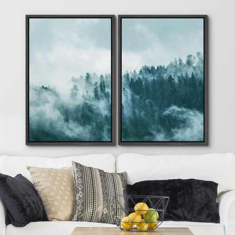 Teal Mist & Fog Mountain Forest Trees - ensemble de 2 impressions, Cadre flottant noir, H 36 po x l 48 po x P 1,5 po