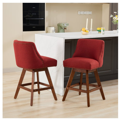  Tabourets de bar pivotants à hauteur de comptoir, ensemble de 2 tabourets de bar rembourrés à hauteur de siège de H 26 po, tissu rouge vin, conception américaine, structure en bois d'hévéa