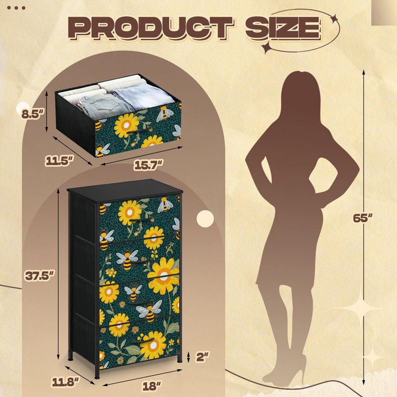 Commode pour chambre à coucher avec 4 tiroirs de rangement Commode à abeilles florale en mosaïque florale vert foncé