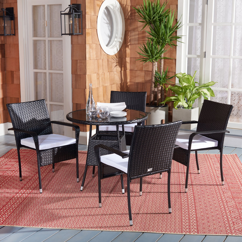 Laina Black Wicker 4-Person Outdoor Dining Set with White Cushions
