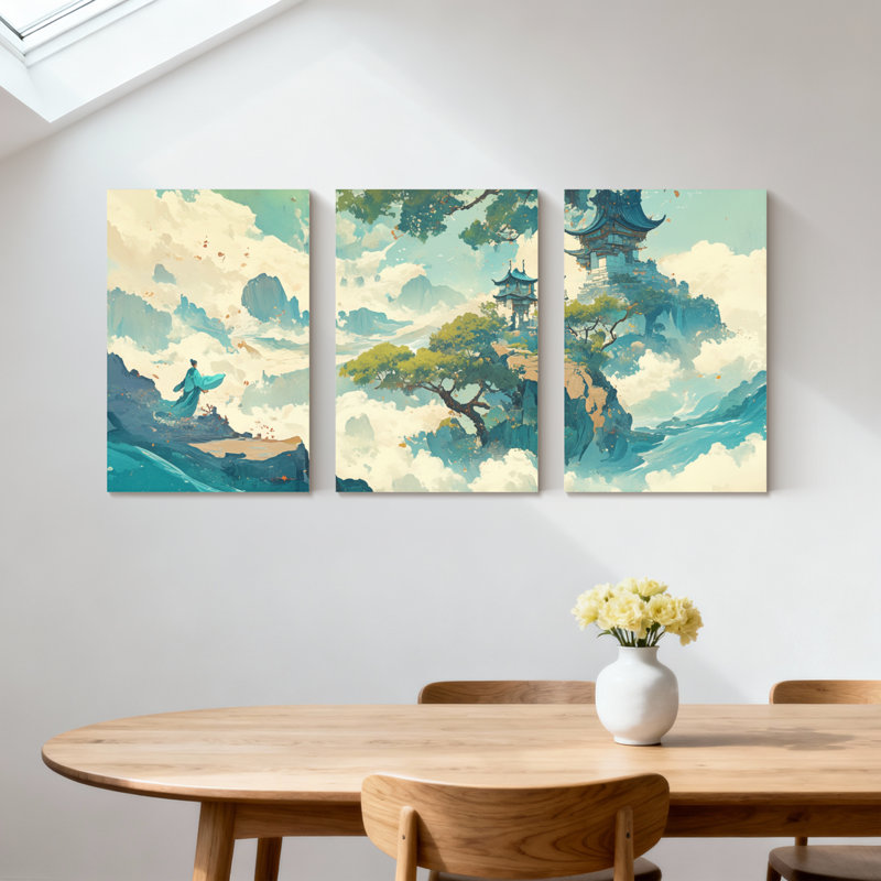 «Landscape & Nature Fantasy Landscape with Clouds and Pagoda», ensemble de 3 impressions sur toile, H 18 po x l 36 po
