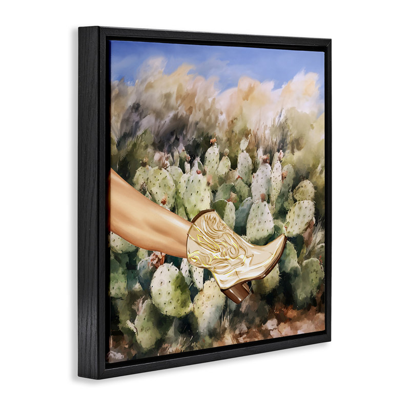 Botte de cow-boy et cactus, H 18 po x l 18 po, Cadre flottant noir de jais