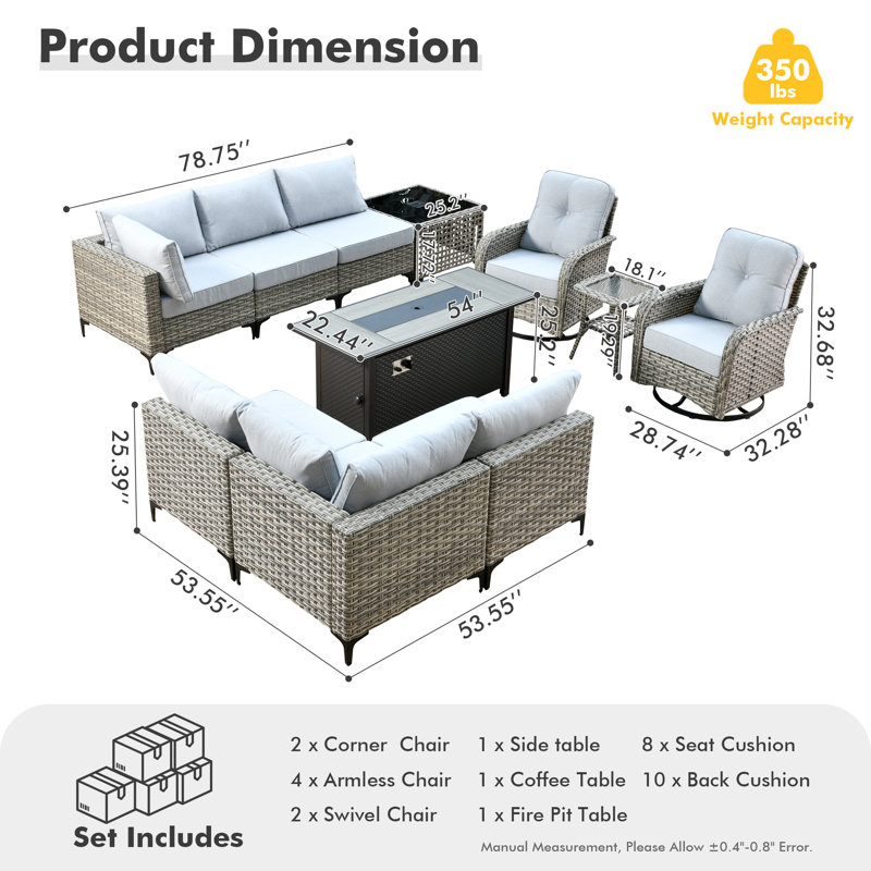 Daltry 11 Piece Outdoor Wicker Conversation Sets With Fire Pit Table and Coffee Table With built-in lights, Gray