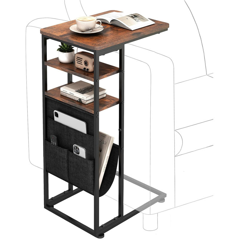 C Shaped End Table for Couch, C Shaped Side Table with Storage Bag, C Table for Sofa with 2 Storage Shelf, Black With Socket