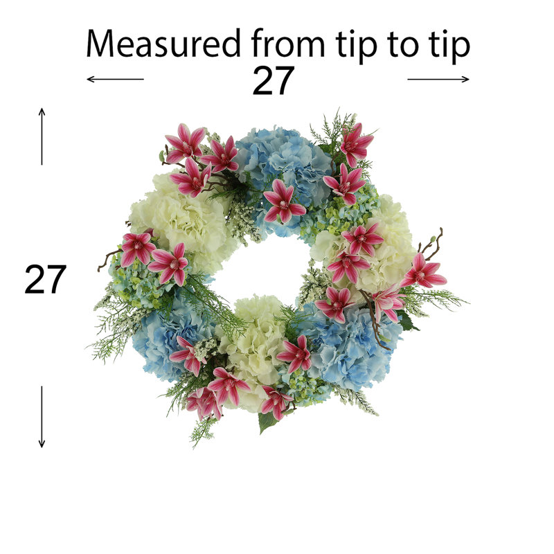 27" Grapevine Wreath with Hydrangeas, Heather, Magnolias and Fern