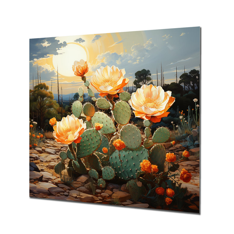 Cactus floral, coucher de soleil, désert à Salvador - désert, art mural en métal, H 36 po x l 36 po