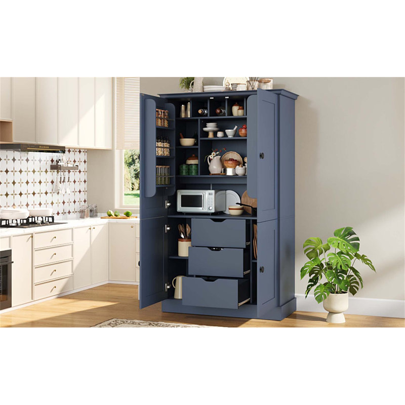 Armoire de cuisine autoportante de 42,3 x 20,0 x 70,9 pouces avec 4 portes, 3 tiroirs, 6 tablettes de porte, tablettes amovibles et 6 supports à vin pour un rangement et une organisation polyvalents