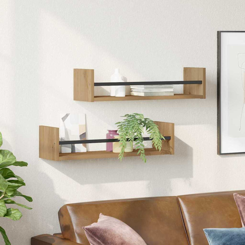 Wall Shelf 2 Pcs Engineered Wood, 14cm H x 60cm W x 16cm D, Artisan Oak