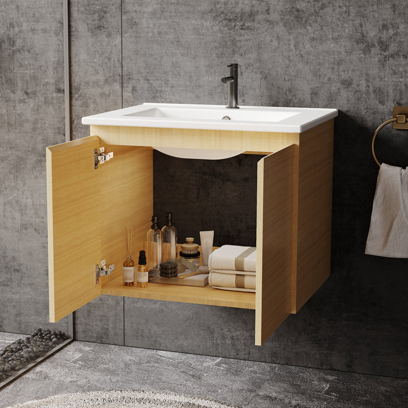 Wall-Mounted Floating Bathroom Vanity Unit with Integrated Ceramic Basin | Soft-Close Double Doors, Hidden Handle & Moisture-Resistant Storage, 59x46x50cm Natural Oak