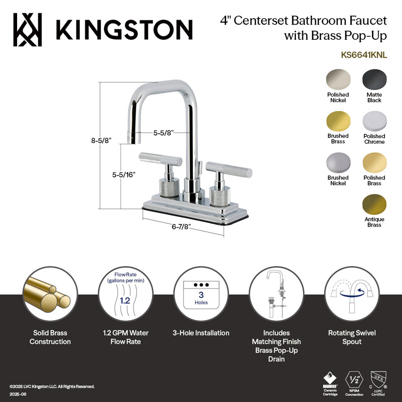 Kingston Brass Convergent Two-Handle 3-Hole Deck Mount 4" Centerset Bathroom Faucet With Knurled Handle And Brass Pop-Up Drain