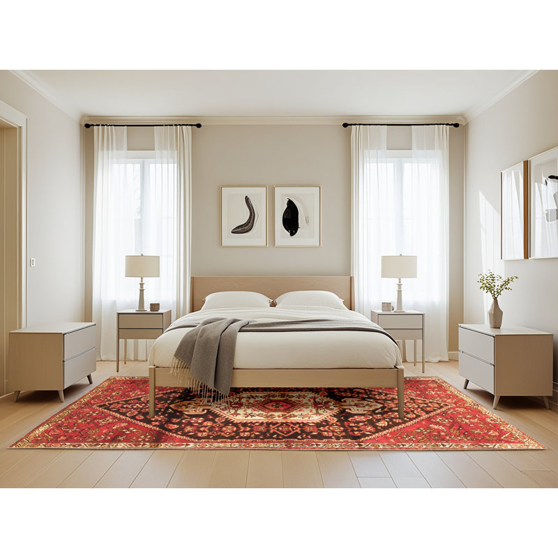 Tapis oriental rouge / noir / beige tissé à la machine, Rectangle 5 pi x 8 pi