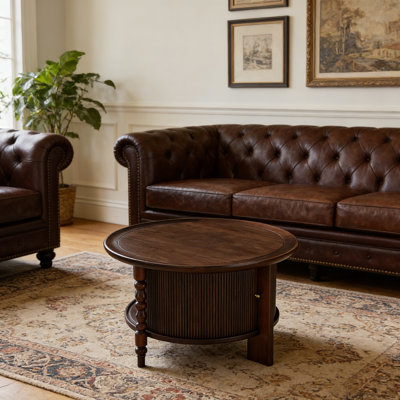 Table basse ronde avec rangement en noyer foncé